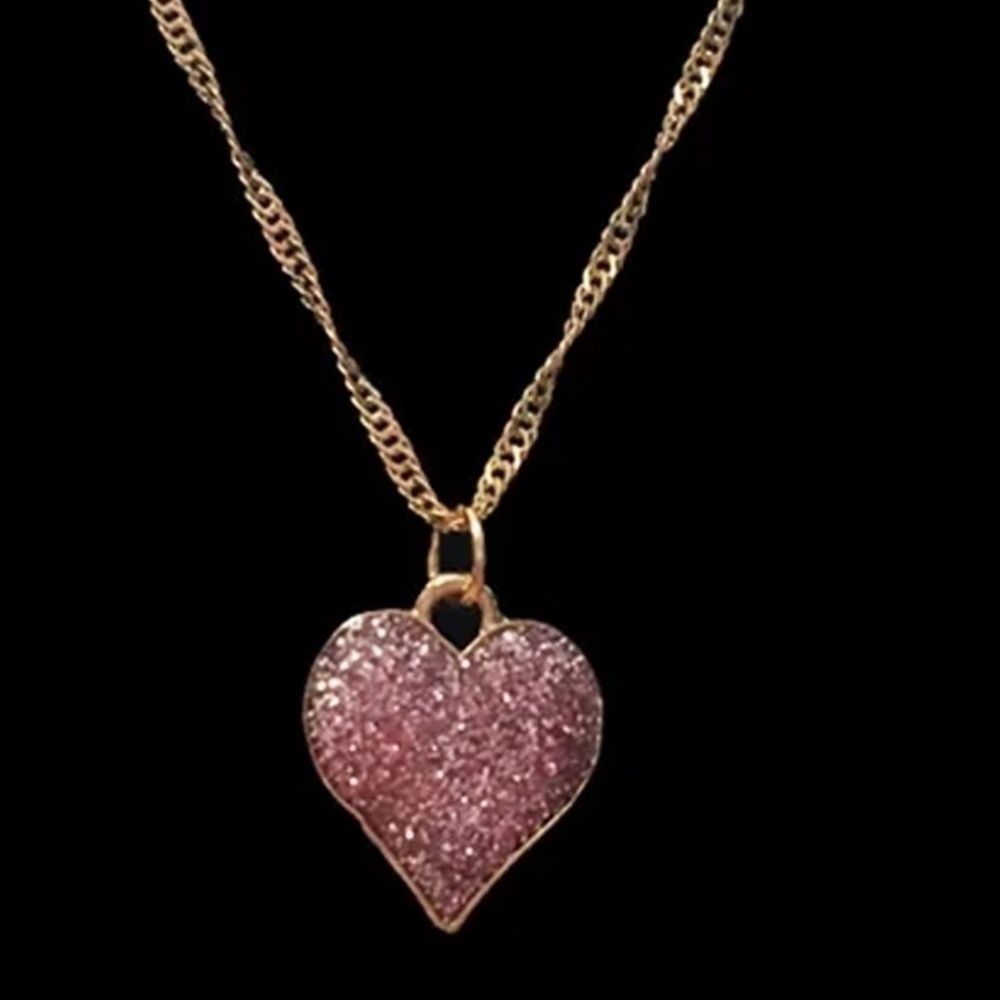 HAND Crafted Necklace Gold Plate Chain Deep Rose Ruby Sparkle Heart